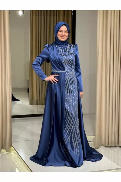 Indigo Stars Damen Hijab Stein Print Besticktes Abendkleid 