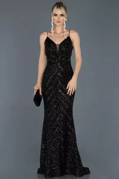 Siyah Uzun Payetli Ip Askılı Balık Abiye Elbise 