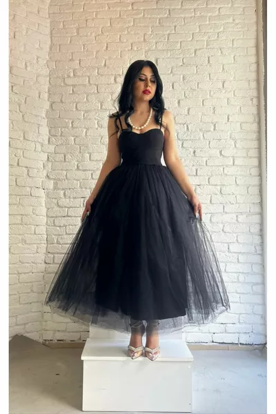 Жените каишка пухкави Midi тюл рокля