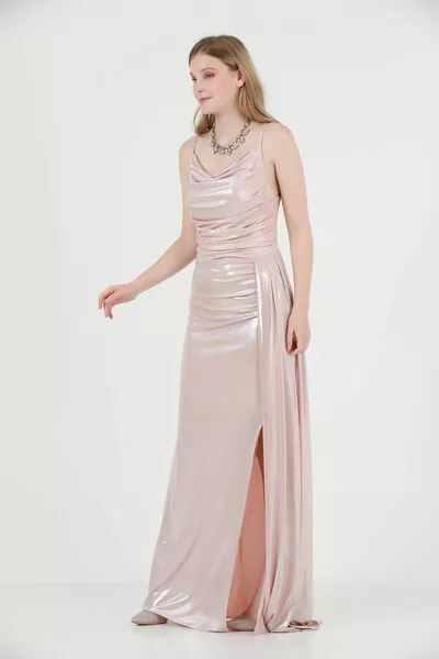 Rope Strap Degaje Collar Pleated Long Slit Evening Dress