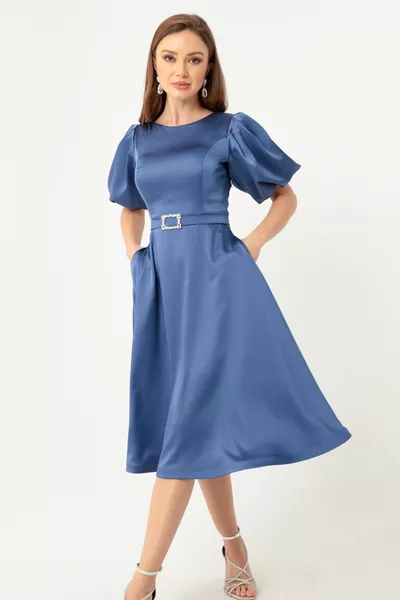 Damen Indigo Ballonärmel Stein Gürtel Mini Satin Abendkleid