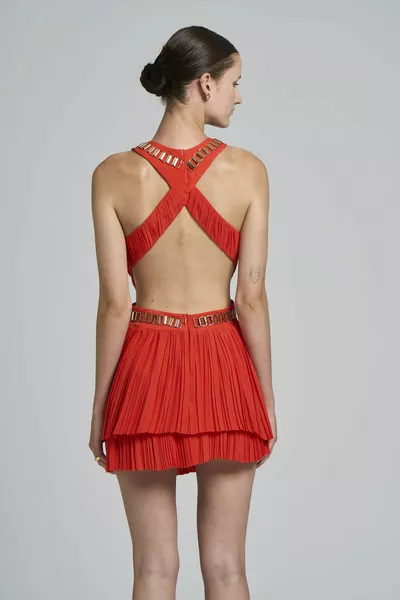 Dames Ketting Gedetailleerde Geplooide Terug Laag Uitgesneden Feyd Mini-Jurk