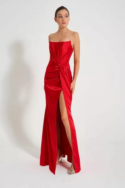 Red Strapless Draped Dress