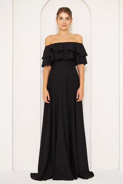 Carmen Kragendetail Drop Shoulder Gewebter Drapierter Stoff Maxi-Länge Ausgestelltes Abendkleid