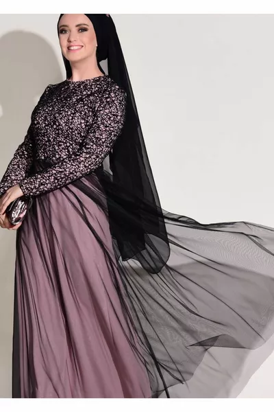 Damen Damen-Abendkleid aus Pudertüll mit detaillierten Guipure-Details T 