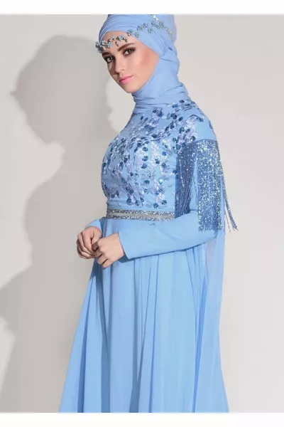 Women's Blue Sleeves Glitter Fringe Detailed Evening Dress 