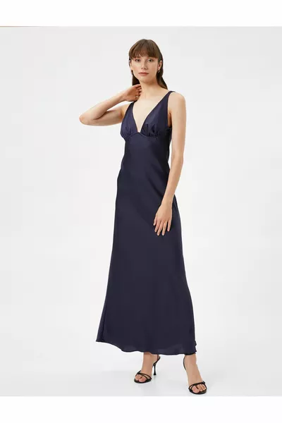 Satin Evening Dress Long Deep V-Neck Thick Straps