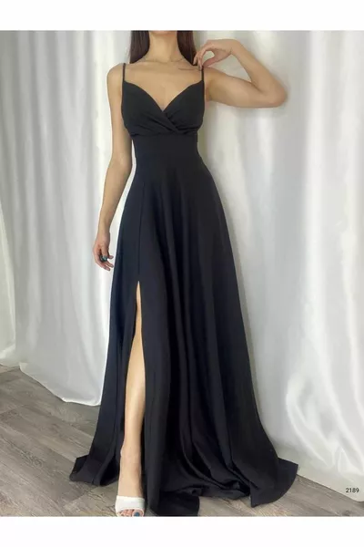 Fente en tissu extensible de couleur unie noire Robe de soirée longue détaillée et robe de graduation  