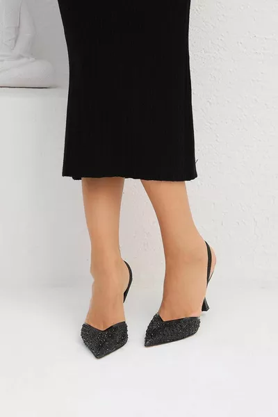 Женские черные бусы Изабеллы Детализированные Тесьма Заостренный Нос Вечерние Платья Туфли-Тапочки-Сандалии 9см 