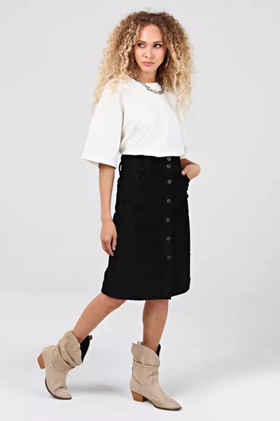 Midi Length Five Pocket Velvet Skirt Black