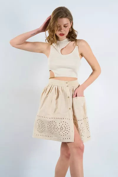 Women's Beige Button Detailed Double Pocket Linen Look Skirt