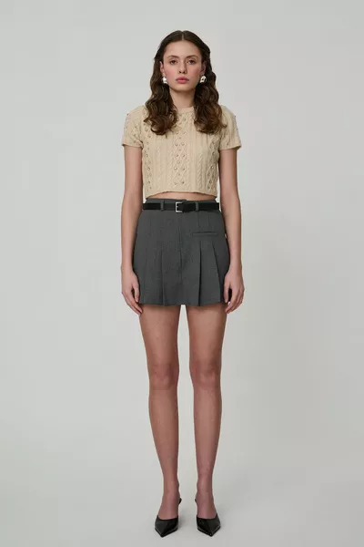 Riem Gedetailleerde Geplooide Shorts Rok Donkergrijs