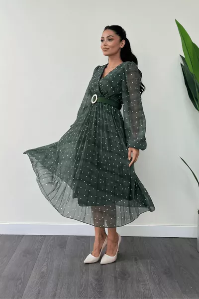 Robe en mousseline de soie à double boutonnage à pois - ZÜMRÜT GREEN