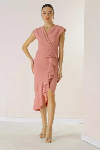 Double-breasted Kraag Front Volant Gevoerde Crêpe Jurk