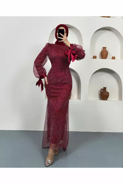 Glitzer Pen Cut Hijab Abendkleid mit Pompon