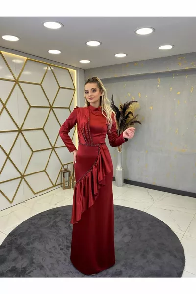 Ruffled Nisa Hijab Evening Dress Red