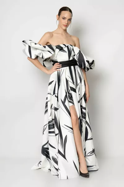 Empirme сатенена вечерна рокля с волани с ръкави, талия с колан и къса пола отвътре