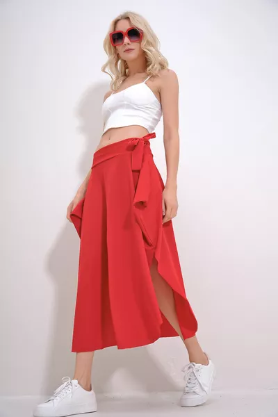 Koraal asymmetrisch gesneden taille stropdas rok voor dames 