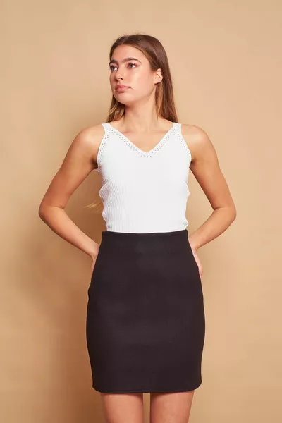 نسائي ليكرا خفيف الشتاء كاشيت عالية الخصر فوق الركبة خفيفة الوزن تنورة قلم رصاص صغير (BOY CM) - أسود