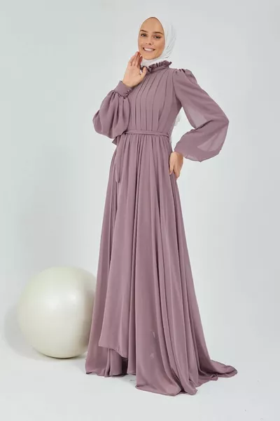 Pleated Tailed Long Evening Dresses - Mink