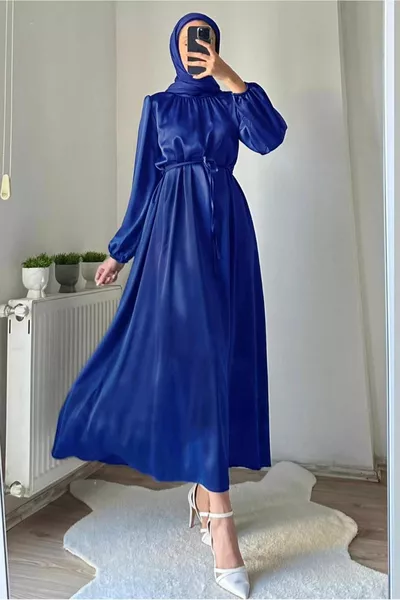 المرأة الأزرق الداكن (SAKS) حزام الساتان مساء اللباس T 