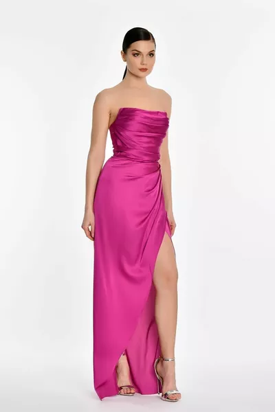 Women's Strapless Satin Long Fuchsia Evening Dress & Graduation Dress with Side Slits -fus