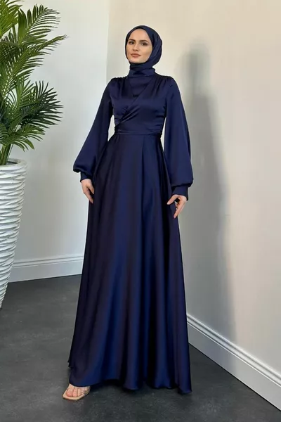 Isabella Double-breasted Detail Satin Evening Dress Navy Blue