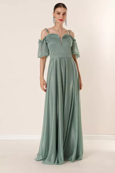 فستان طويل لامع مبطن بالنعناع مع أكمام بالون بياقة مطوية