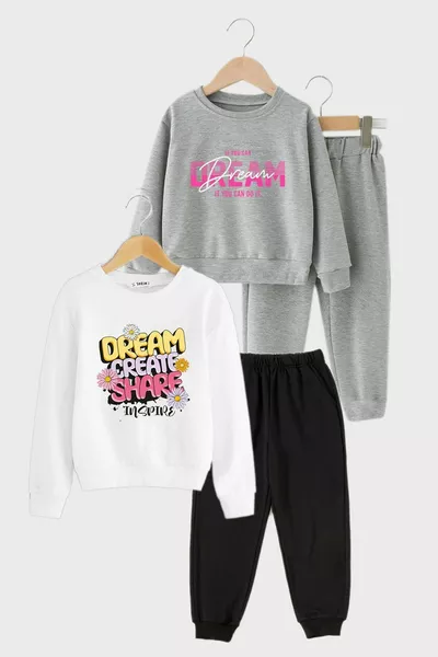 طقم رياضي للأطفال من فيك كيدز للفتيات، قطعتان، ياقة مستديرة، سادة