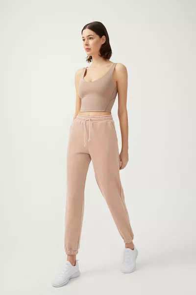 Damen Jogginghose mit elastischem Saum in Beige mit Kordelzug