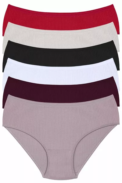Women's % Cotton 6-Pack High-Waist Ribbed Panties in Burgundy, Stone, Black, White, Plum, and Taupe
