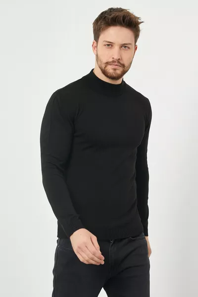 كنزة رجالية عالية الرقبة بأكمام طويلة، قماش تريكو، حزمة من قطعتين (أسود-رمادي)