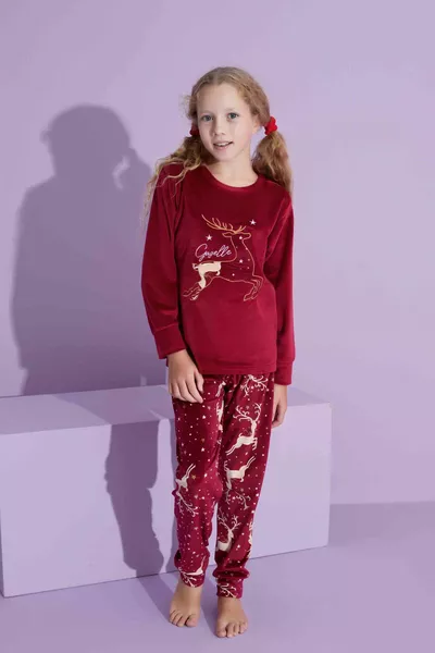Girl Teen and Child Deer Pattern Long Sleeve French Velvet Fabric Winter Warm Pajama Set 