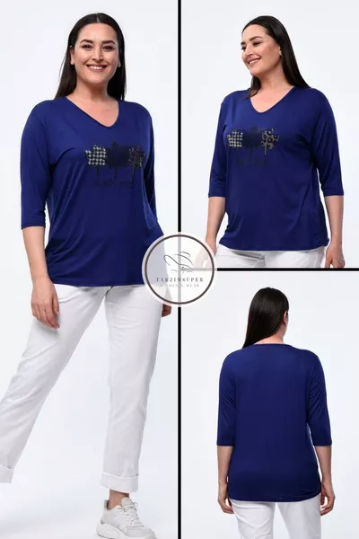 Plus Size New Season Comfortable Model Leaf Pattern Stone Print Half Sleeve Mother’s Four Seasons Blouse