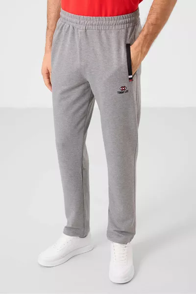 سروال رياضي رجالي ضيق بقصة كلاسيكية، بحزام خصر أسود بسحاب وجيوب - رمادي مزيج - 