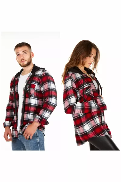 Червена мъжка/женска риза с качулка и цип, тип дървач, голям размер