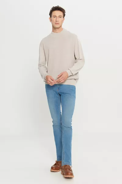 كنزة صوف قطنية للرجال بلون بيج، قياس عادي، قصة عادية، بياقة نصف حورية