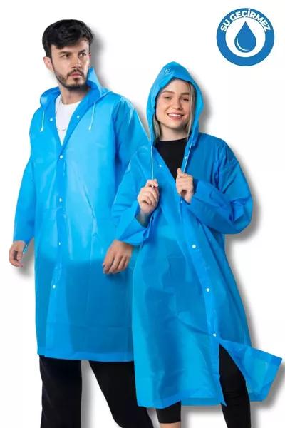 Impermeabile da donna e uomo con cappuccio, chiusura a scatto, in EVA blu 