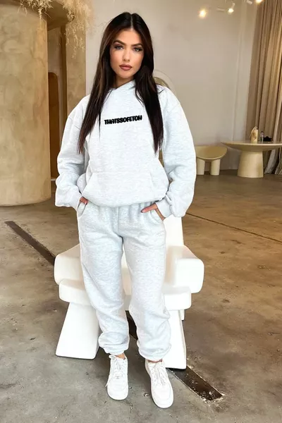 That So Fetch Eşofman Takımı - Gri Baskılı Oversize Kapüşonlu Şardonlu