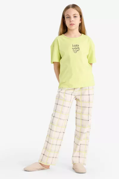 Girl's Pajama Set Short Sleeve Printed Top with Crew Neck Plaid Long Bottom SP
