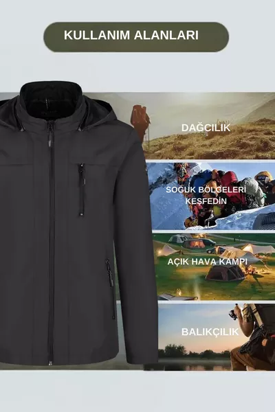 جاكيت رجالي أسود % مقاوم للماء والرياح، مبطن بالفرو، بسحاب وجيوب داخلية، من قماش غو-تكس سوفتشل