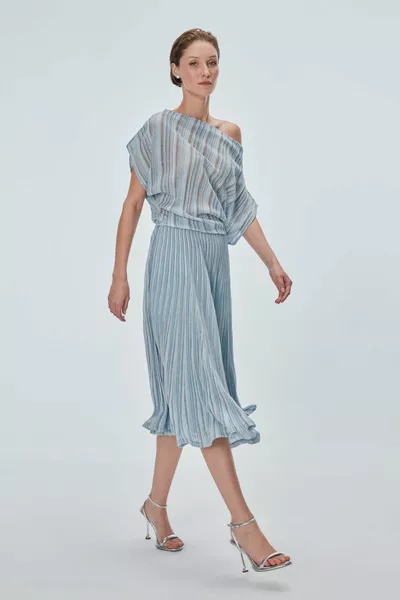 المرأة مخطط مطوي ميدي تنورة الأزرق