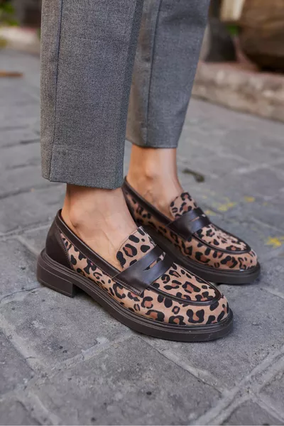 FORBIO المرأة البني الجلود ليوبارد مقبلات الجلود أحذية المتسكع