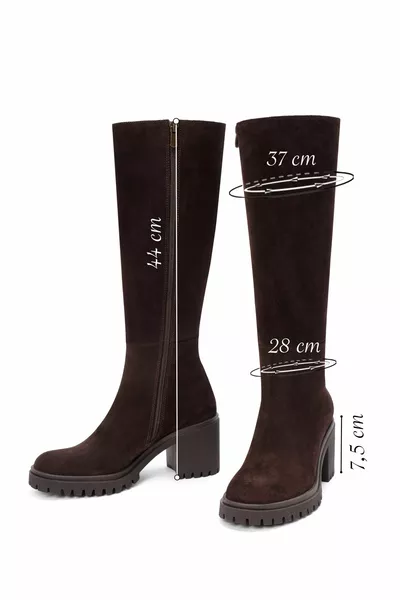 Дамски кафяви обувки с дебел ток с дебел ток велурени кожени ботуши 