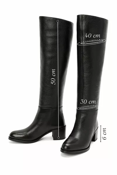 Stivali in pelle nera con tacco spesso da donna FT