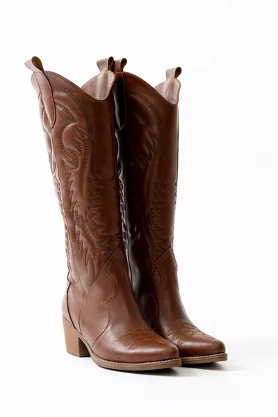 Women's Tan Leather Embroidered Cowboy Long Boots
