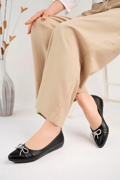 أسود  نسائي ميد ستون عارضة عدد كبير من شقق الباليه - جلد أسود - 