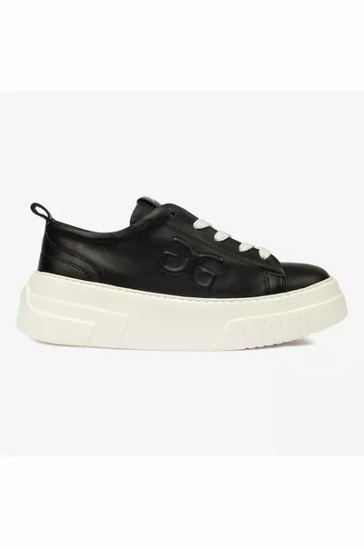 Women's Black Genuine Leather Sneaker Shoes 