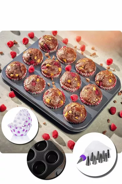 muffin cake mold, cream bag and pieces colorful cupcake, brownie, muffin paper mold set