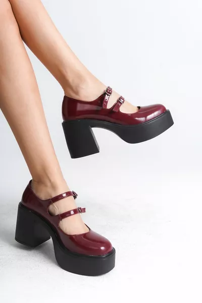 حذاء نسائي ذو كعب عال مبطن - جلد بوردو اللامع